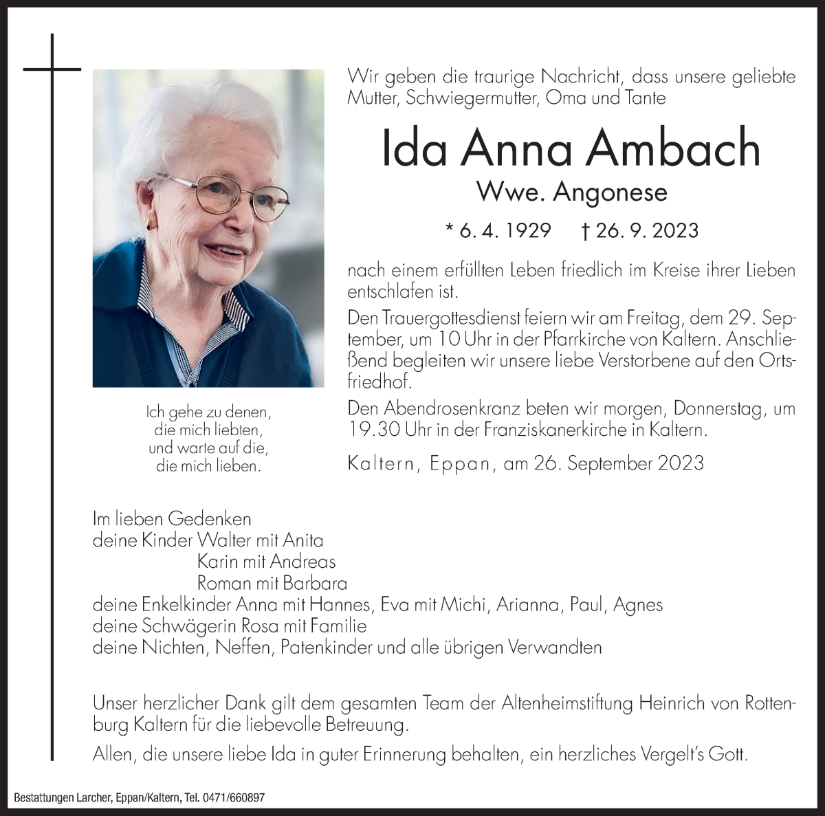  Traueranzeige für Ida Anna Angonese vom 27.09.2023 aus Dolomiten