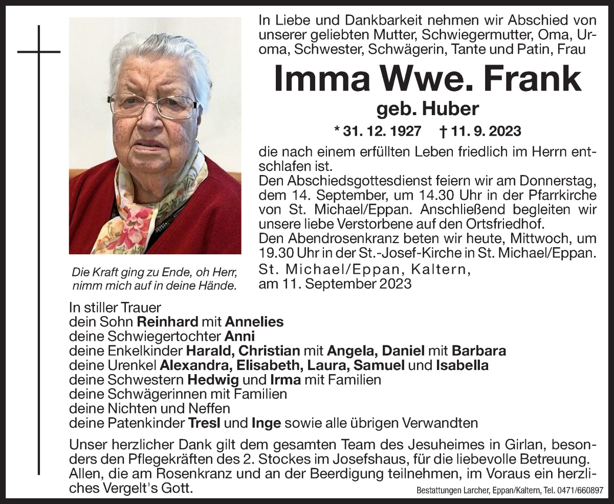 Traueranzeige für Imma Frank vom 13.09.2023 aus Dolomiten