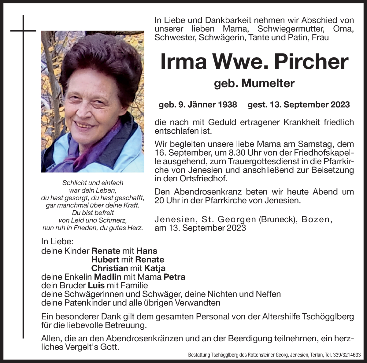  Traueranzeige für Irma Pircher vom 15.09.2023 aus Dolomiten
