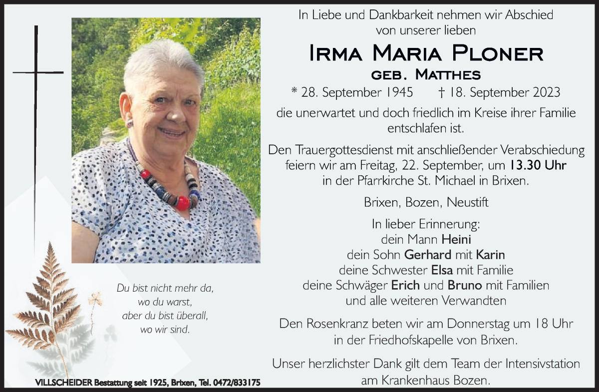  Traueranzeige für Irma Maria Ploner vom 20.09.2023 aus Dolomiten