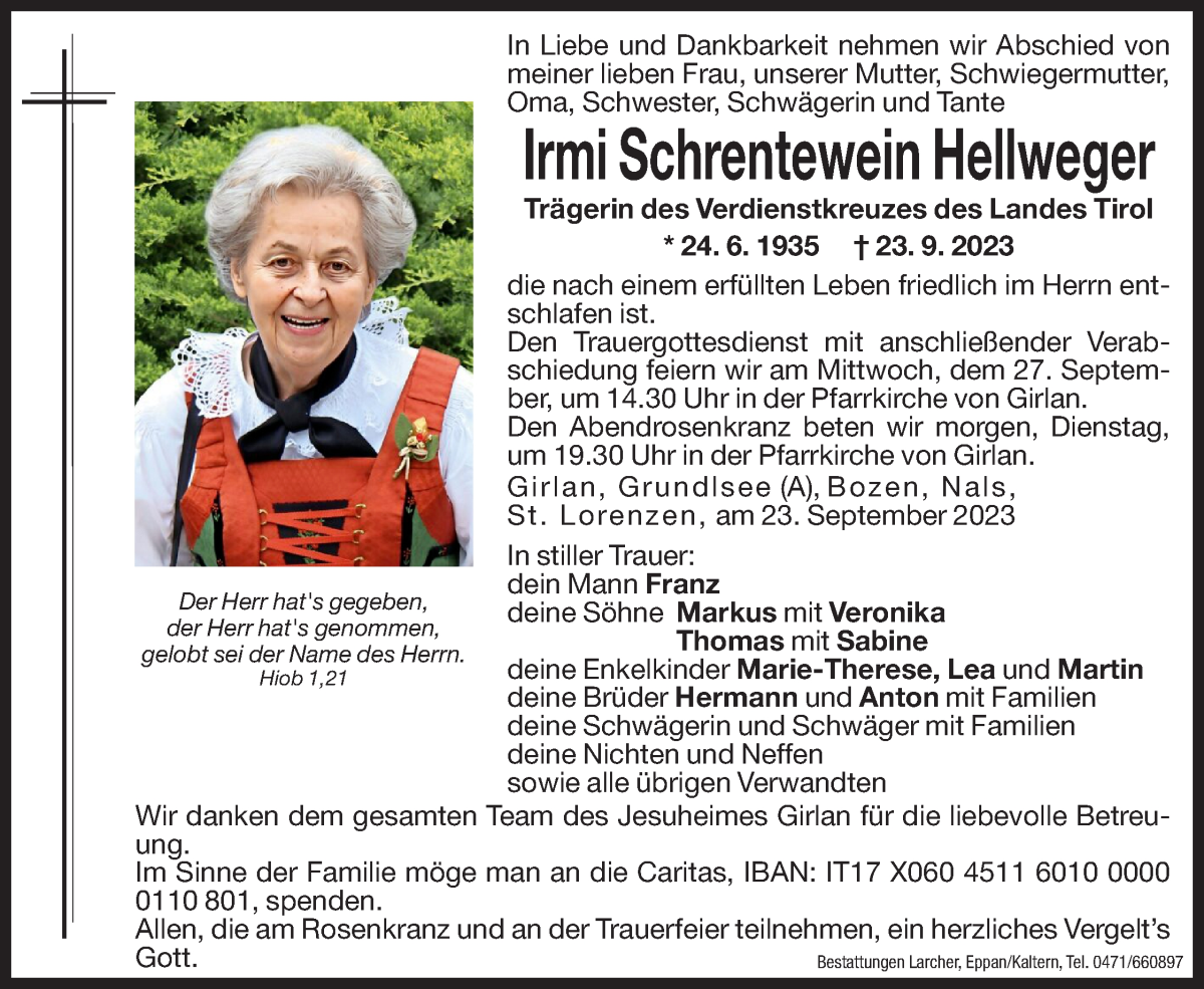  Traueranzeige für Irmi Hellweger vom 25.09.2023 aus Dolomiten