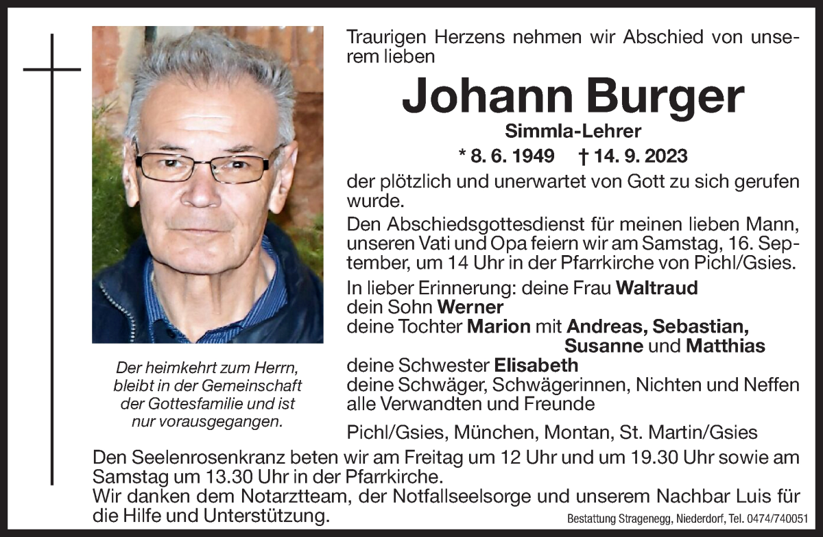  Traueranzeige für Johann Burger vom 15.09.2023 aus Dolomiten