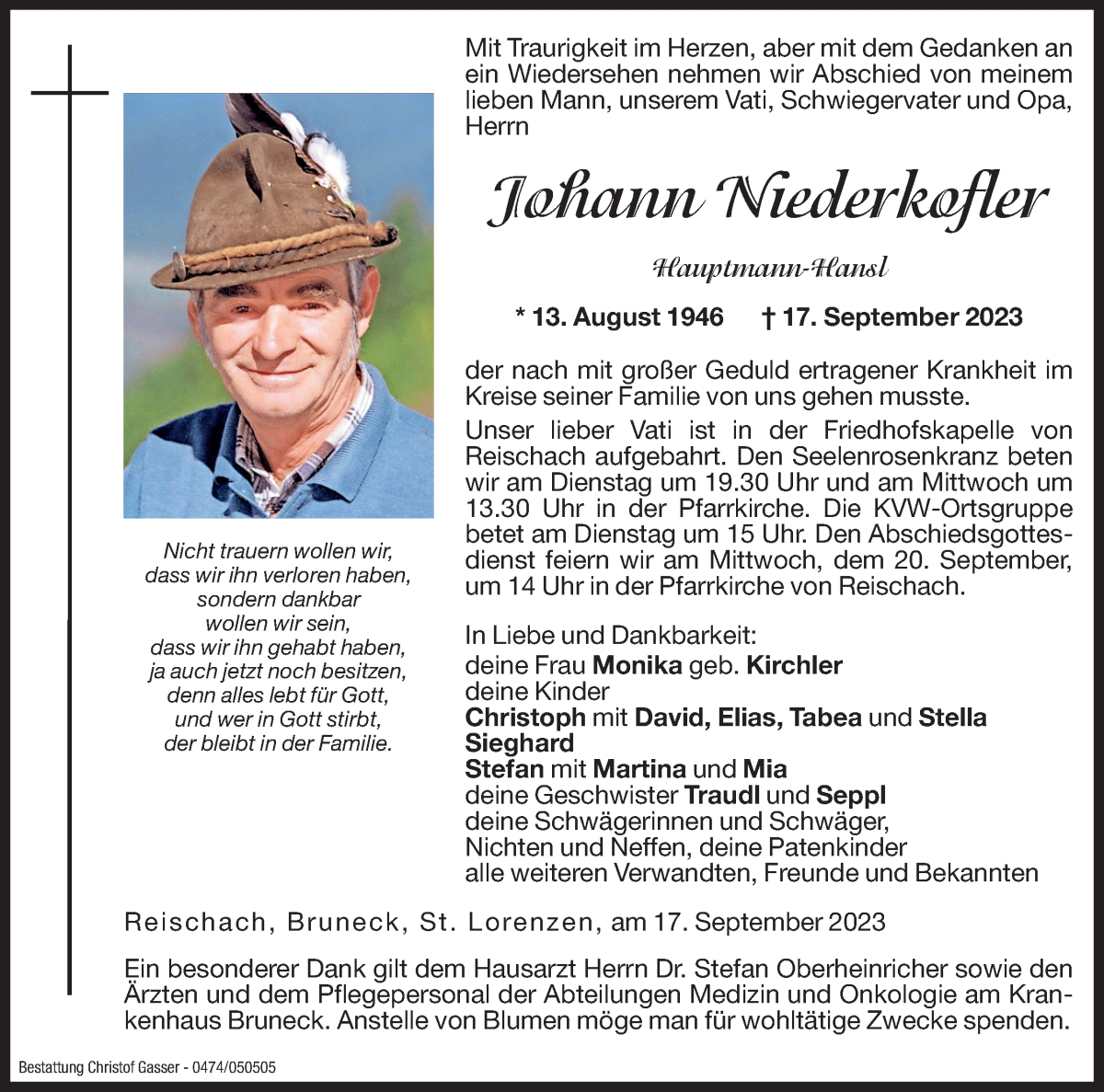  Traueranzeige für Johann Niederkofler vom 19.09.2023 aus Dolomiten