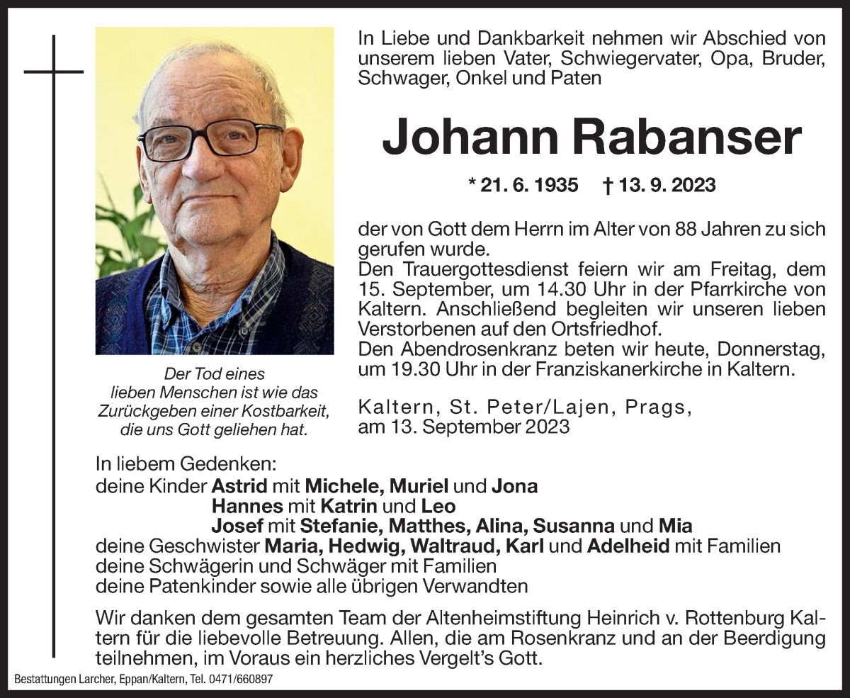  Traueranzeige für Johann Rabanser vom 14.09.2023 aus Dolomiten