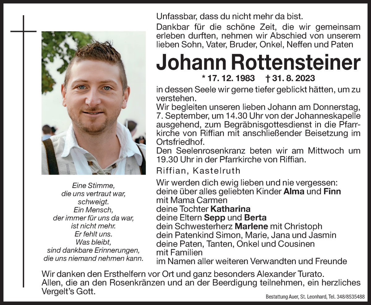  Traueranzeige für Johann Rottensteiner vom 06.09.2023 aus Dolomiten