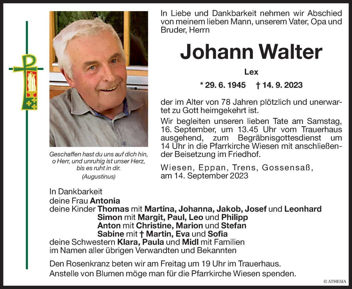  Traueranzeige für Johann Walter vom 15.09.2023 aus Dolomiten