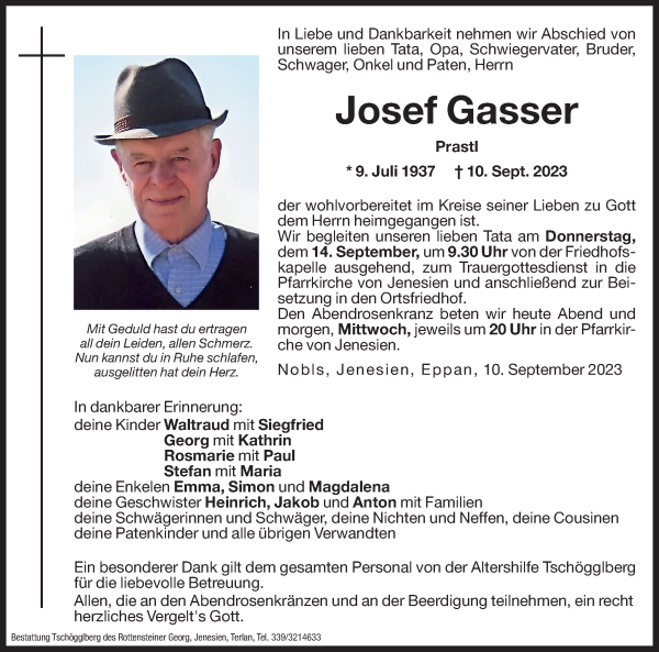 Traueranzeige von Josef Gasser von Dolomiten