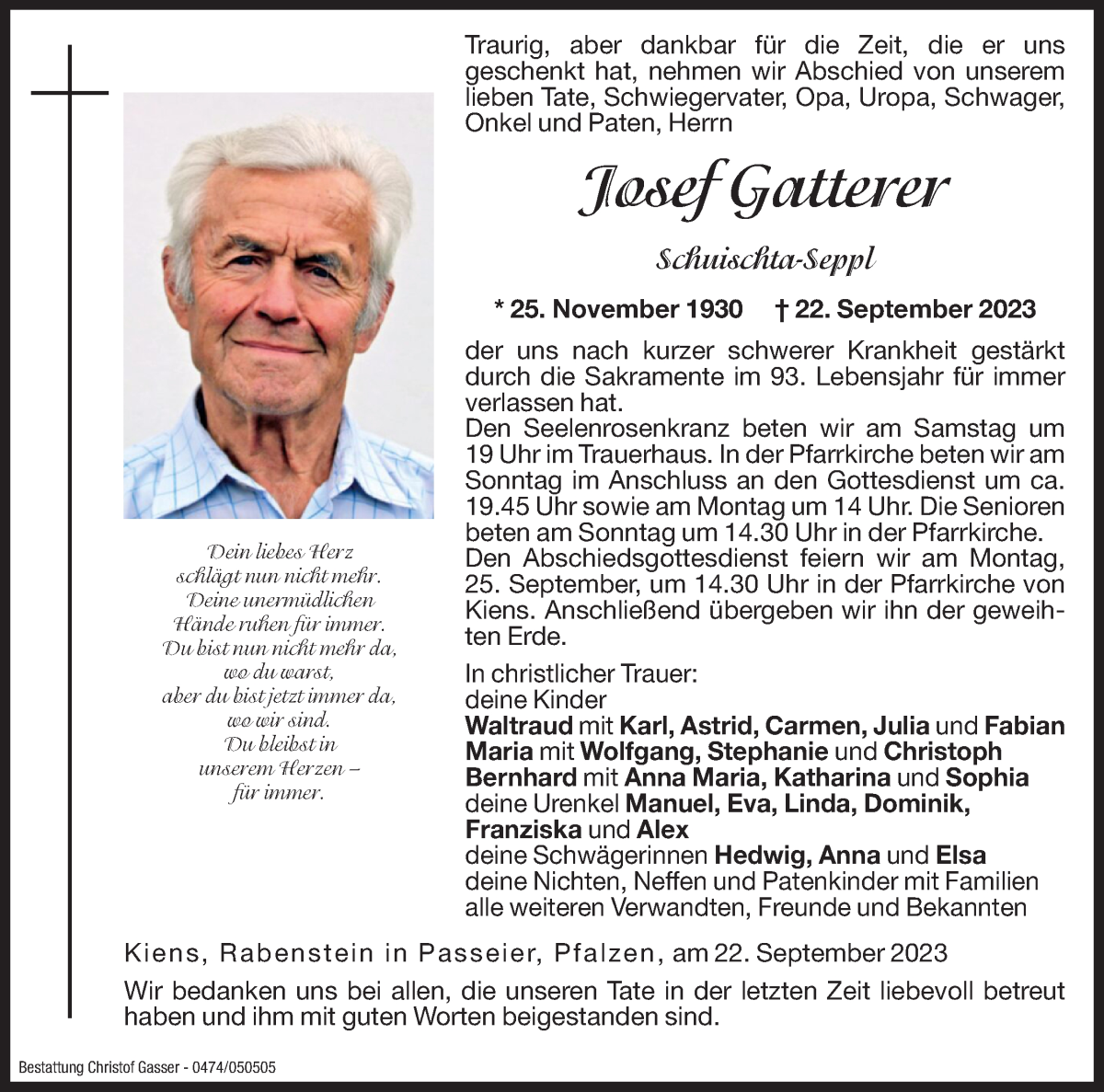  Traueranzeige für Josef Gatterer vom 23.09.2023 aus Dolomiten