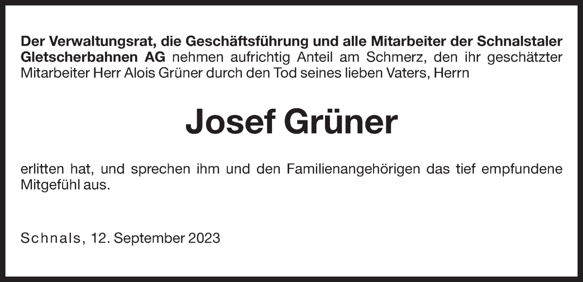  Traueranzeige für Josef Grüner vom 13.09.2023 aus Dolomiten