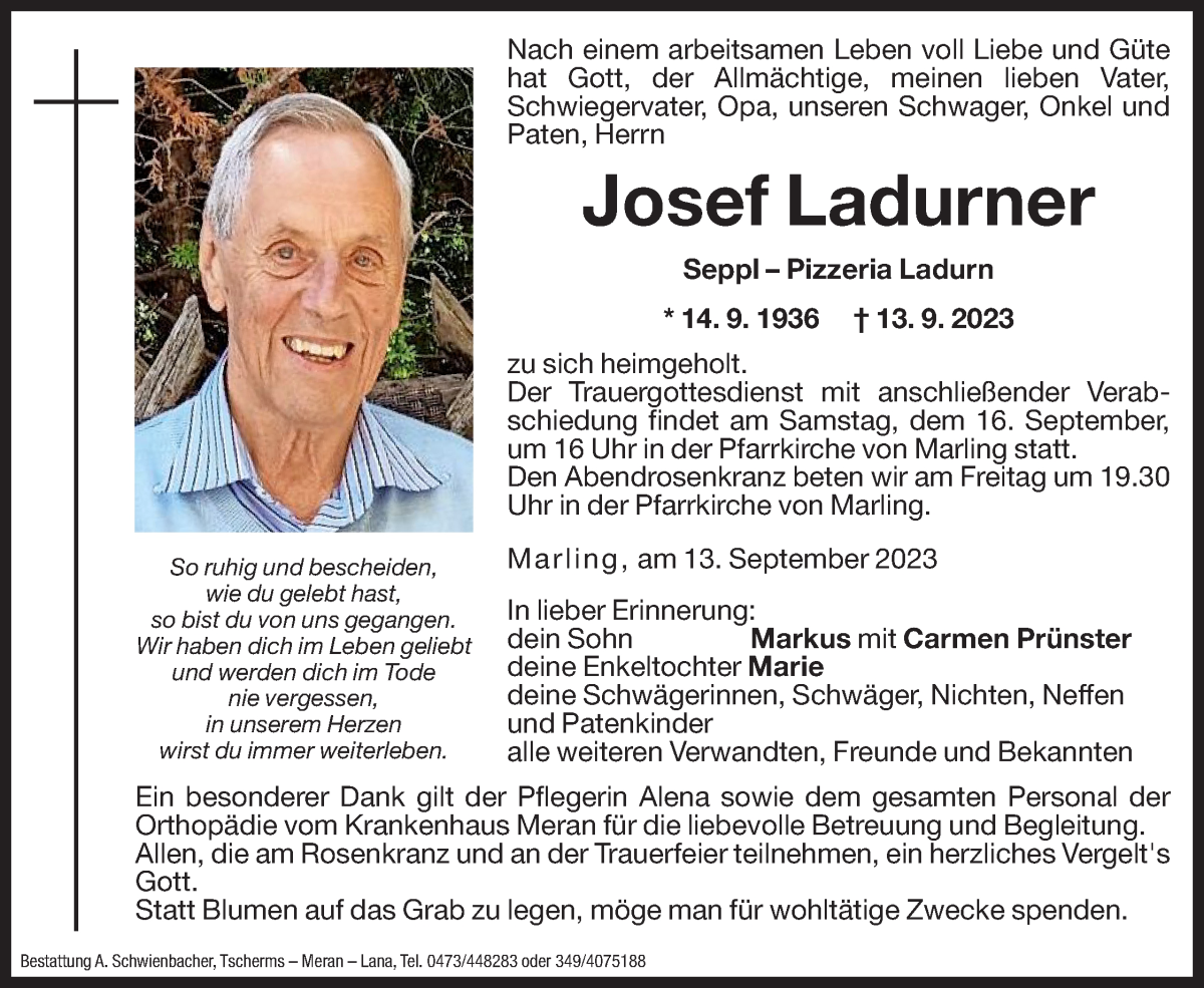  Traueranzeige für Josef Ladurner vom 14.09.2023 aus Dolomiten