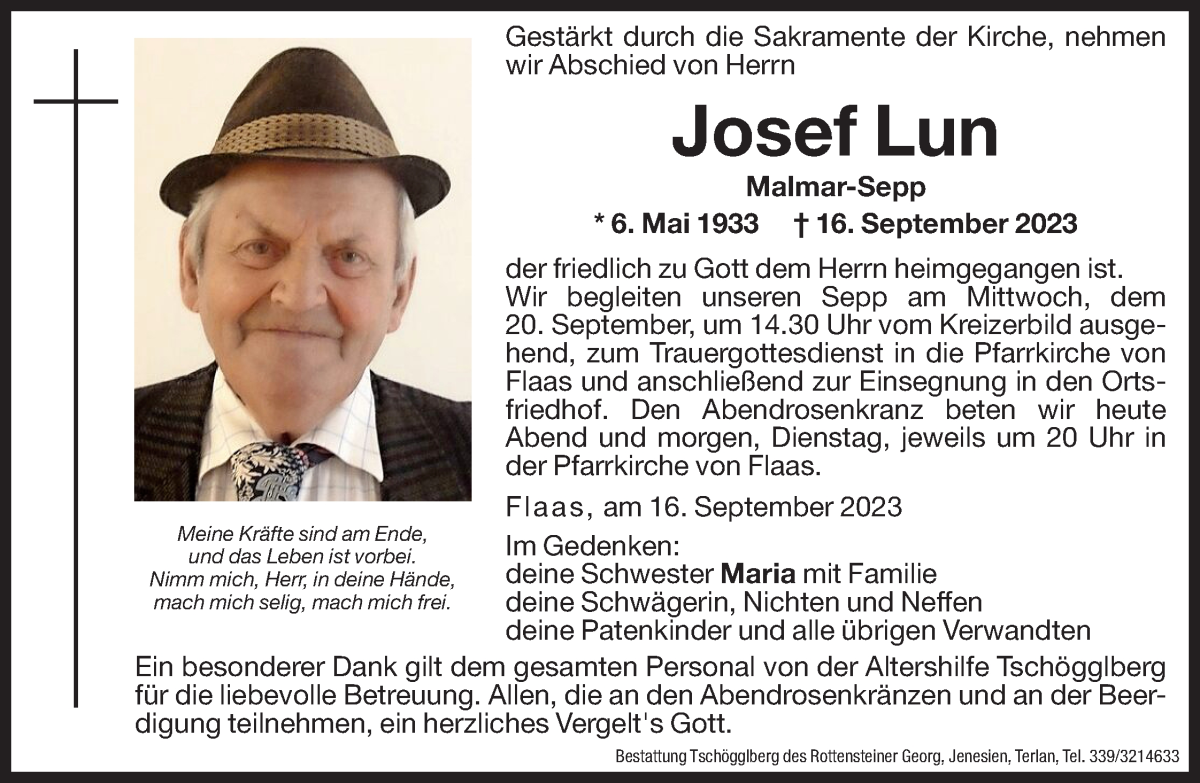  Traueranzeige für Josef Lun vom 18.09.2023 aus Dolomiten