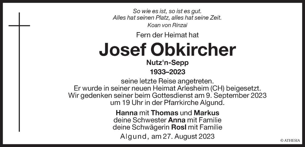  Traueranzeige für Josef Obkircher vom 08.09.2023 aus Dolomiten