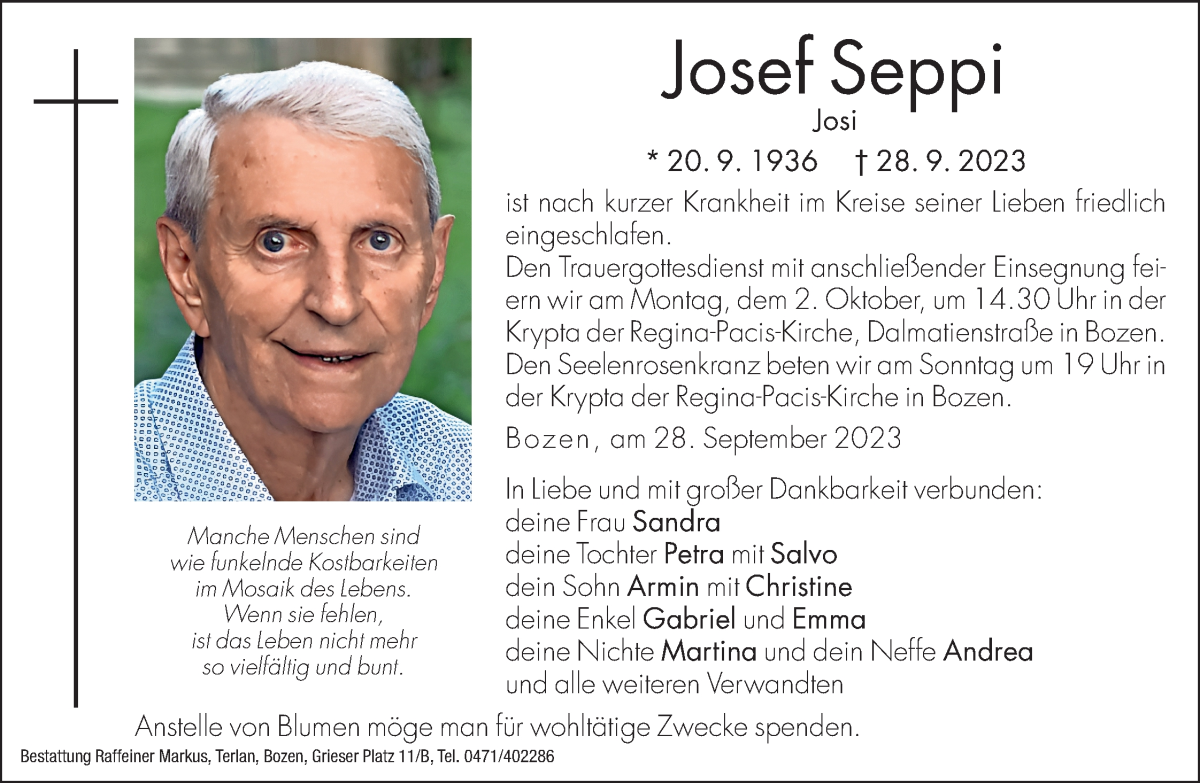  Traueranzeige für Josef Seppi vom 30.09.2023 aus Dolomiten