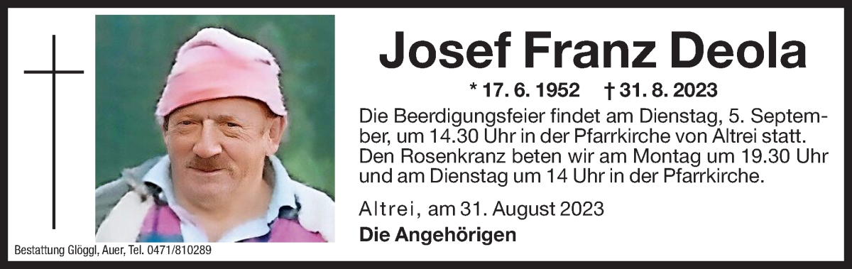  Traueranzeige für Josef Franz Deola vom 04.09.2023 aus Dolomiten