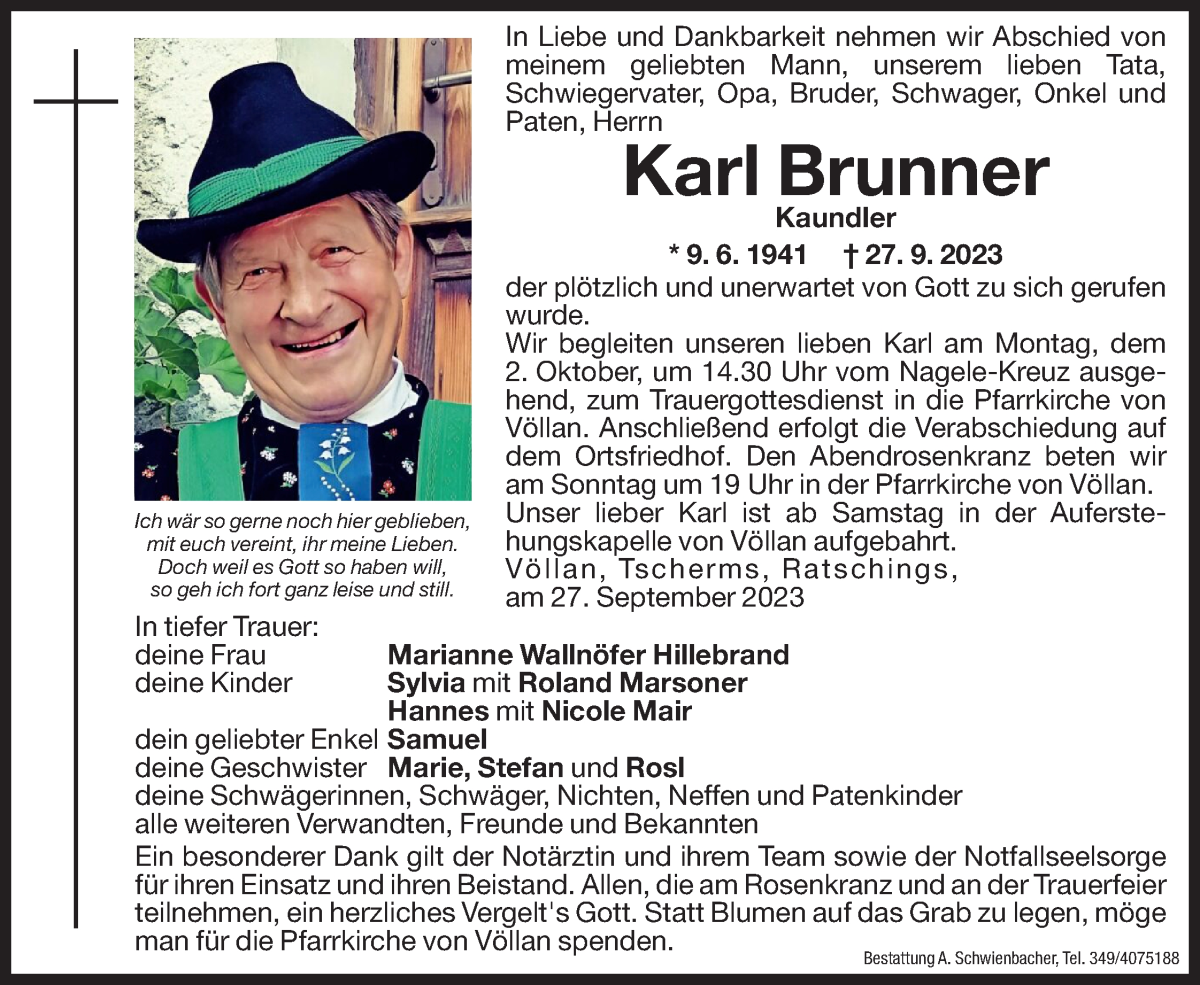  Traueranzeige für Karl Brunner vom 29.09.2023 aus Dolomiten