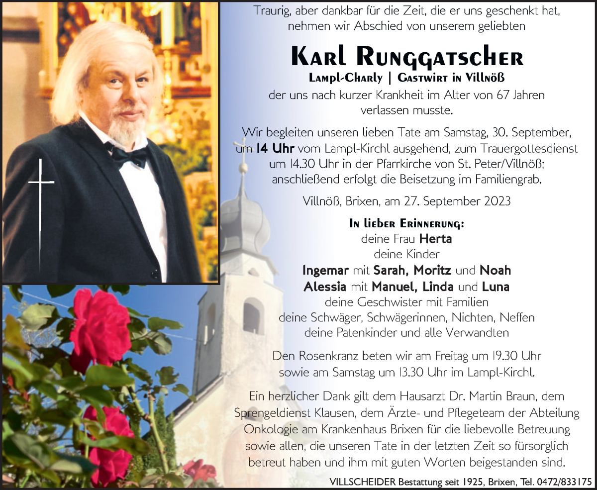  Traueranzeige für Karl Runggatscher vom 29.09.2023 aus Dolomiten