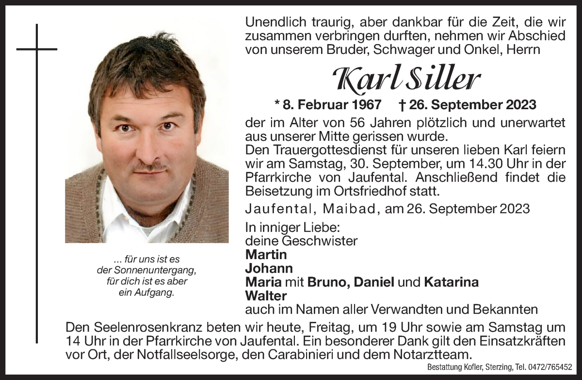  Traueranzeige für Karl Siller vom 29.09.2023 aus Dolomiten
