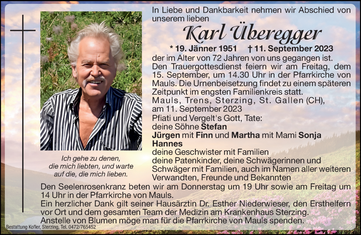  Traueranzeige für Karl Überegger  vom 13.09.2023 aus Dolomiten