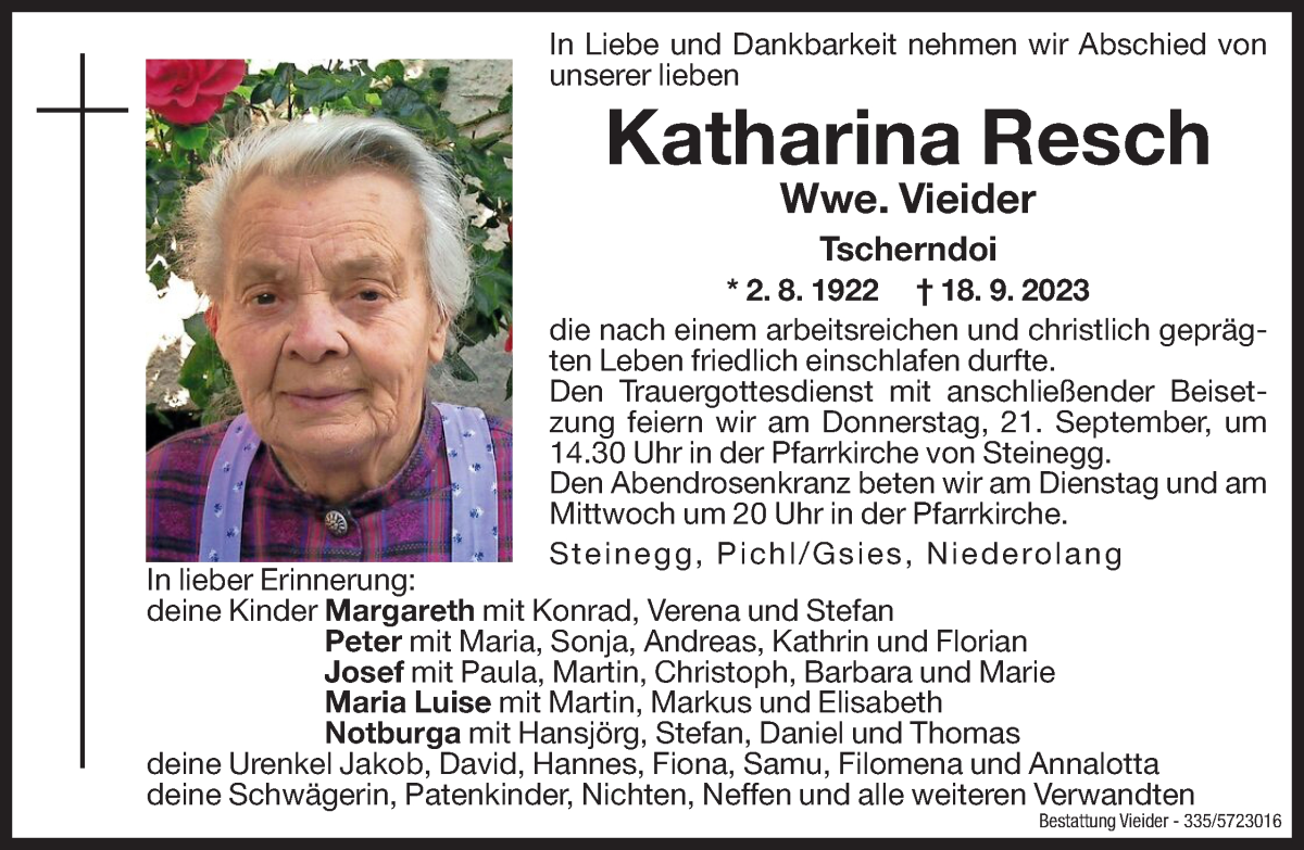  Traueranzeige für Katharina Vieider vom 19.09.2023 aus Dolomiten