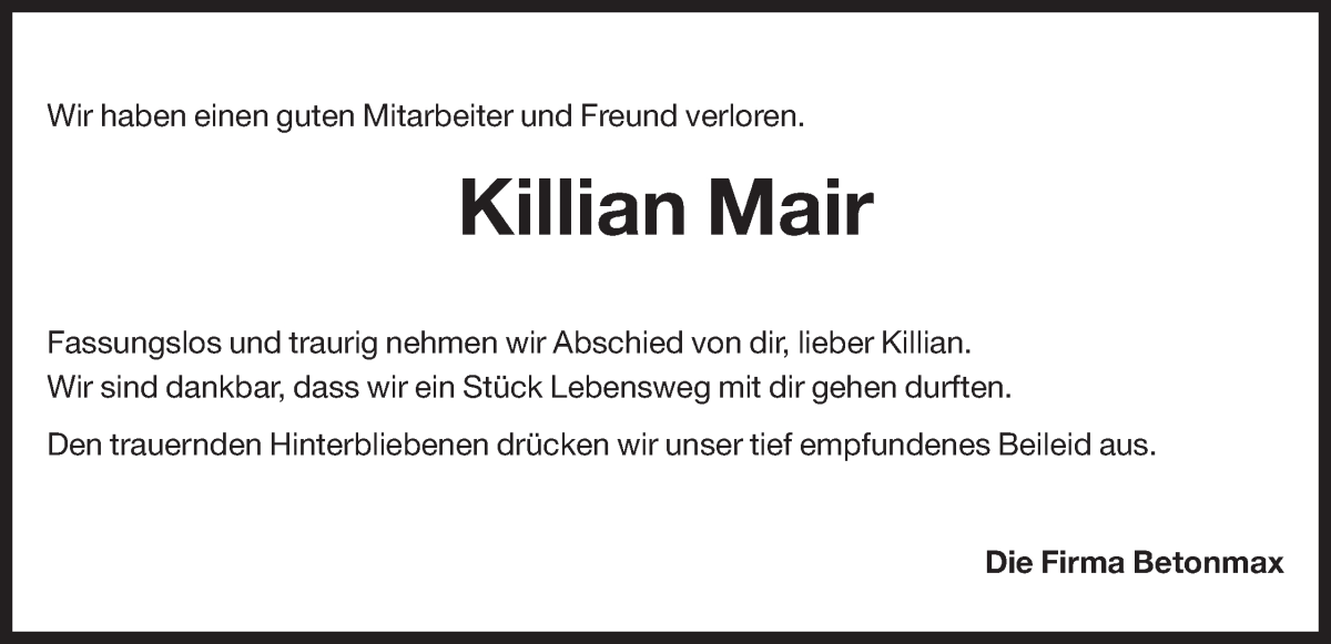 Traueranzeige für Killian Mair vom 12.09.2023 aus Dolomiten