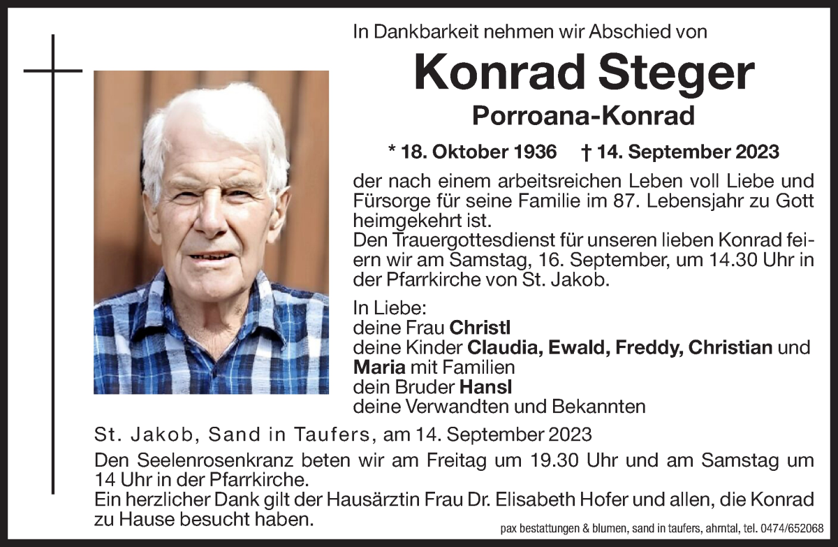  Traueranzeige für Konrad Steger vom 15.09.2023 aus Dolomiten