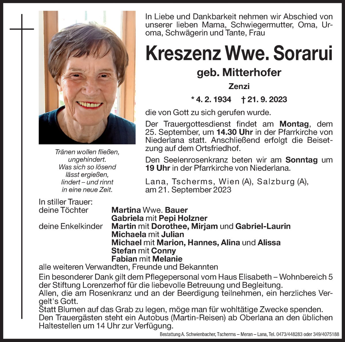  Traueranzeige für Kreszenz Sorarui vom 22.09.2023 aus Dolomiten