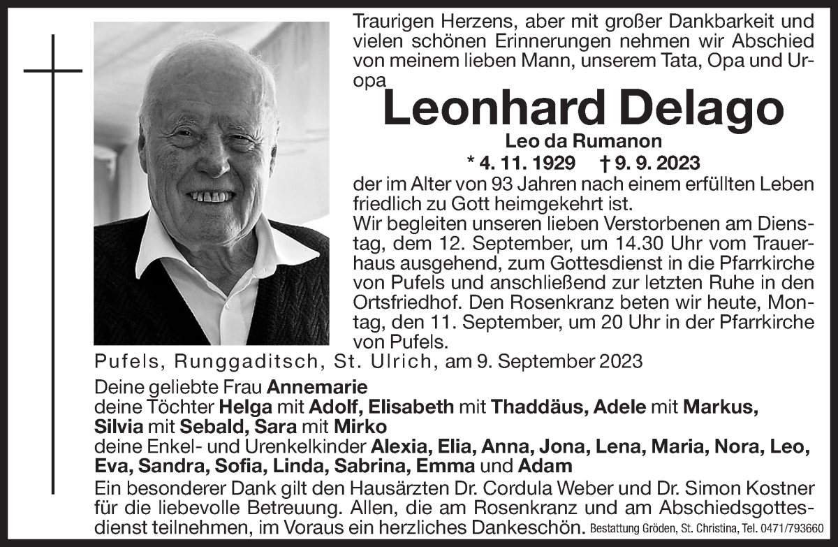  Traueranzeige für Leonhard Delago vom 11.09.2023 aus Dolomiten
