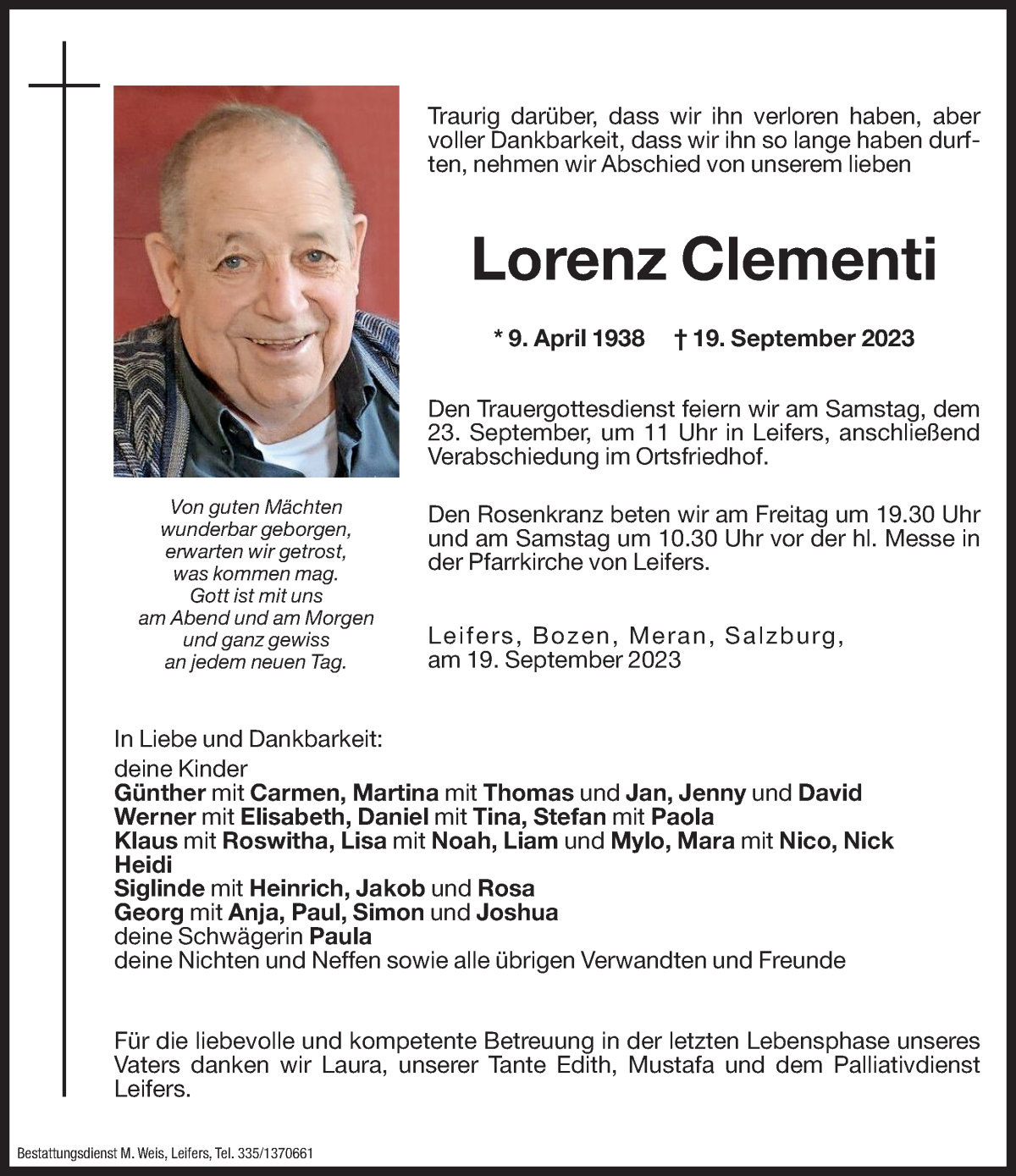  Traueranzeige für Lorenz Clementi vom 21.09.2023 aus Dolomiten