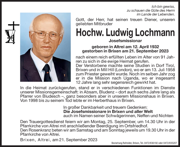 Traueranzeige von Ludwig Lochmann von Dolomiten