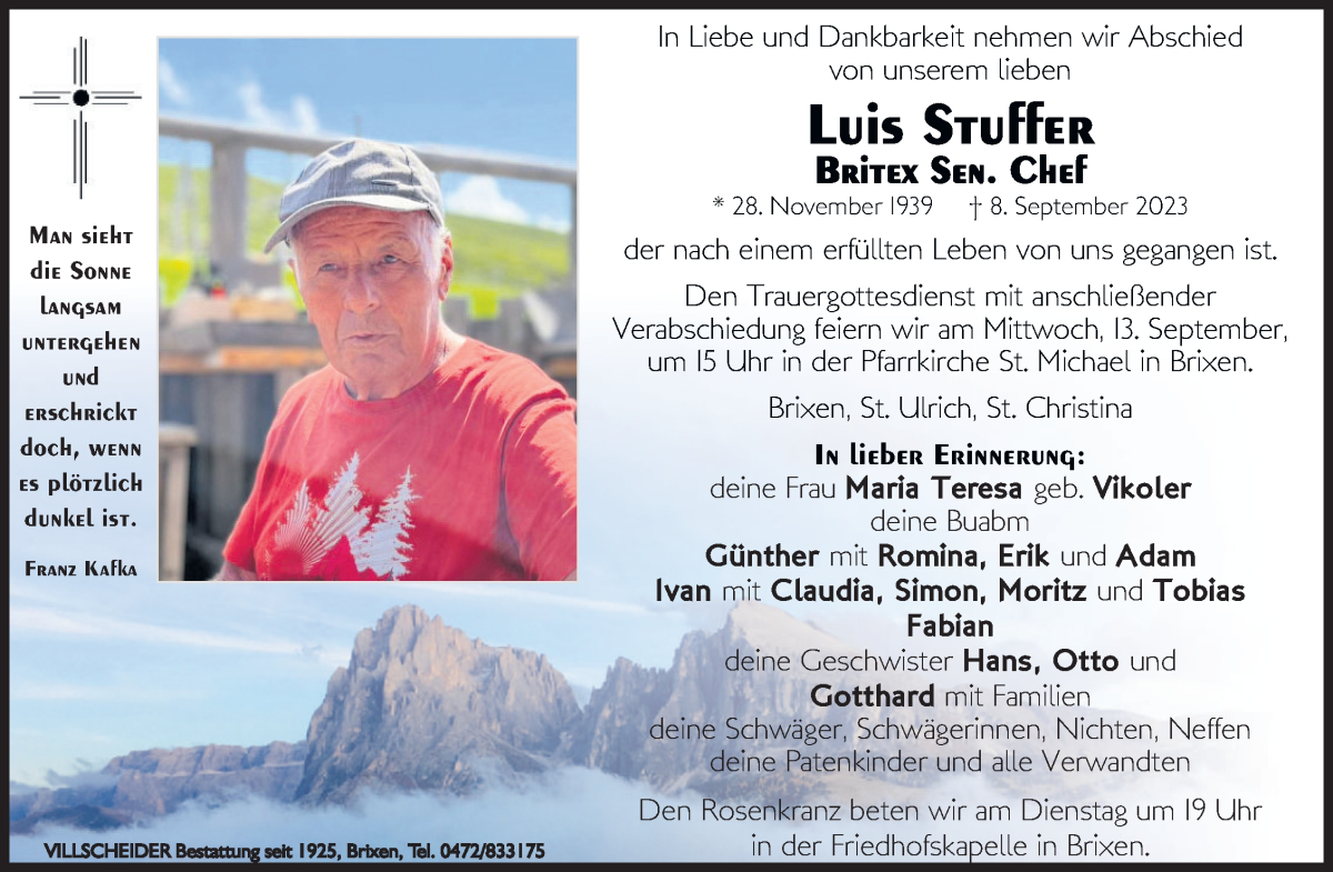  Traueranzeige für Luis Stuffer vom 11.09.2023 aus Dolomiten