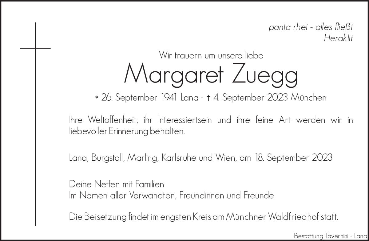  Traueranzeige für Margaret Zuegg vom 20.09.2023 aus Dolomiten