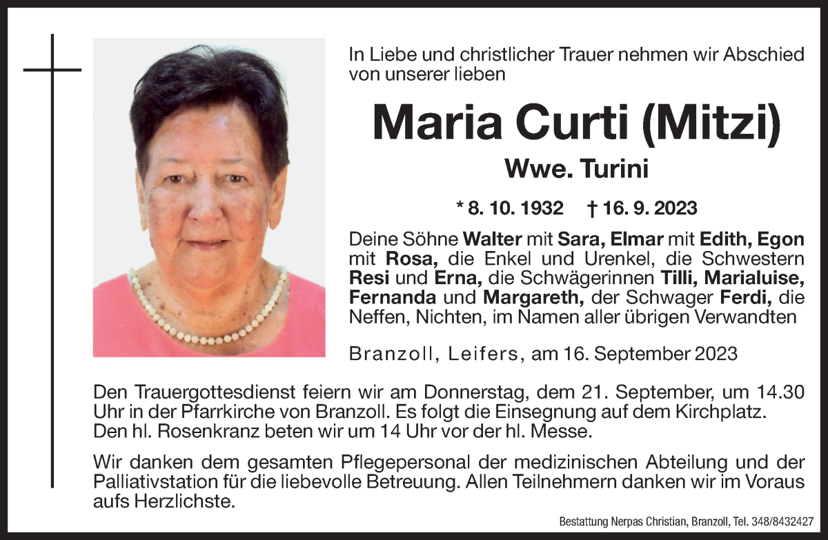  Traueranzeige für Maria Curti vom 19.09.2023 aus Dolomiten