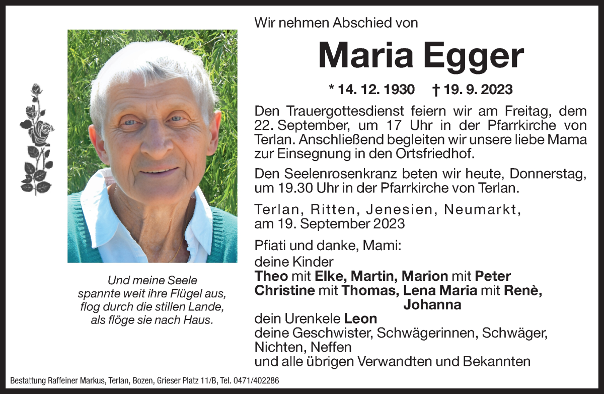  Traueranzeige für Maria Egger vom 21.09.2023 aus Dolomiten