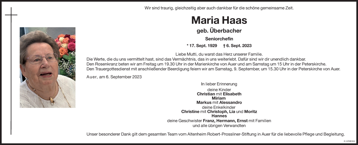  Traueranzeige für Maria Haas vom 07.09.2023 aus Dolomiten