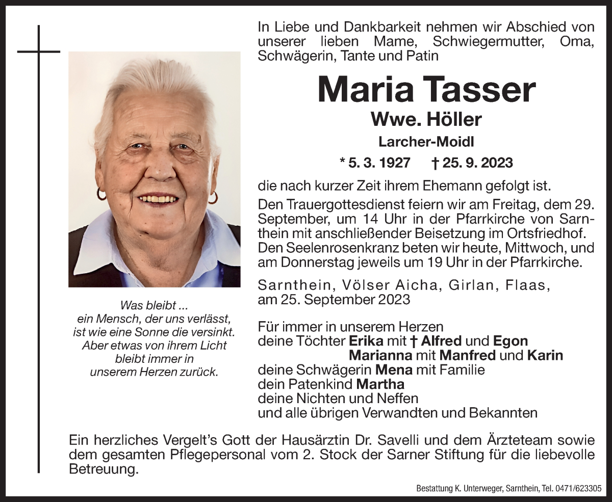  Traueranzeige für Maria Höller vom 27.09.2023 aus Dolomiten