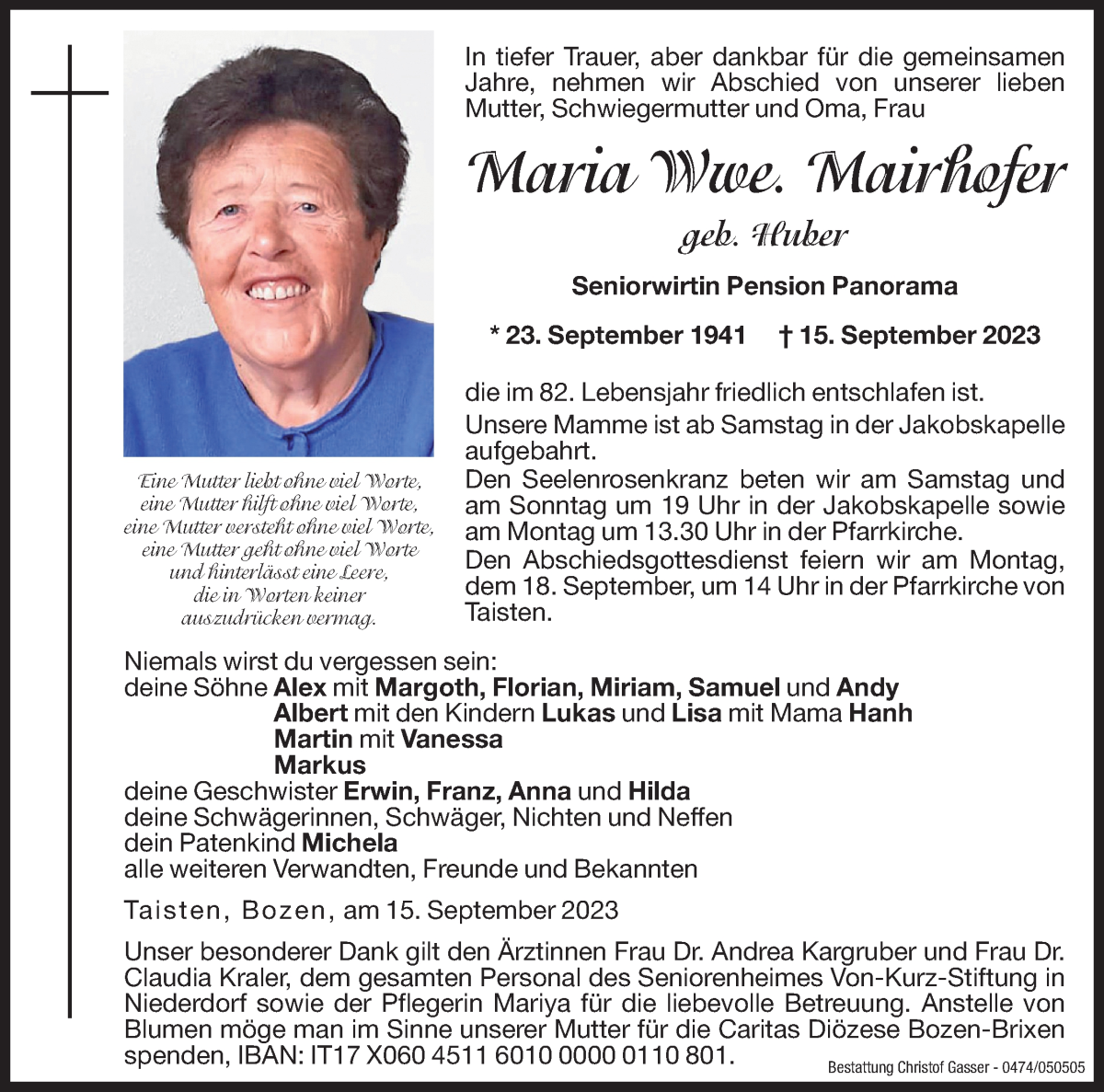  Traueranzeige für Maria Mairhofer vom 16.09.2023 aus Dolomiten