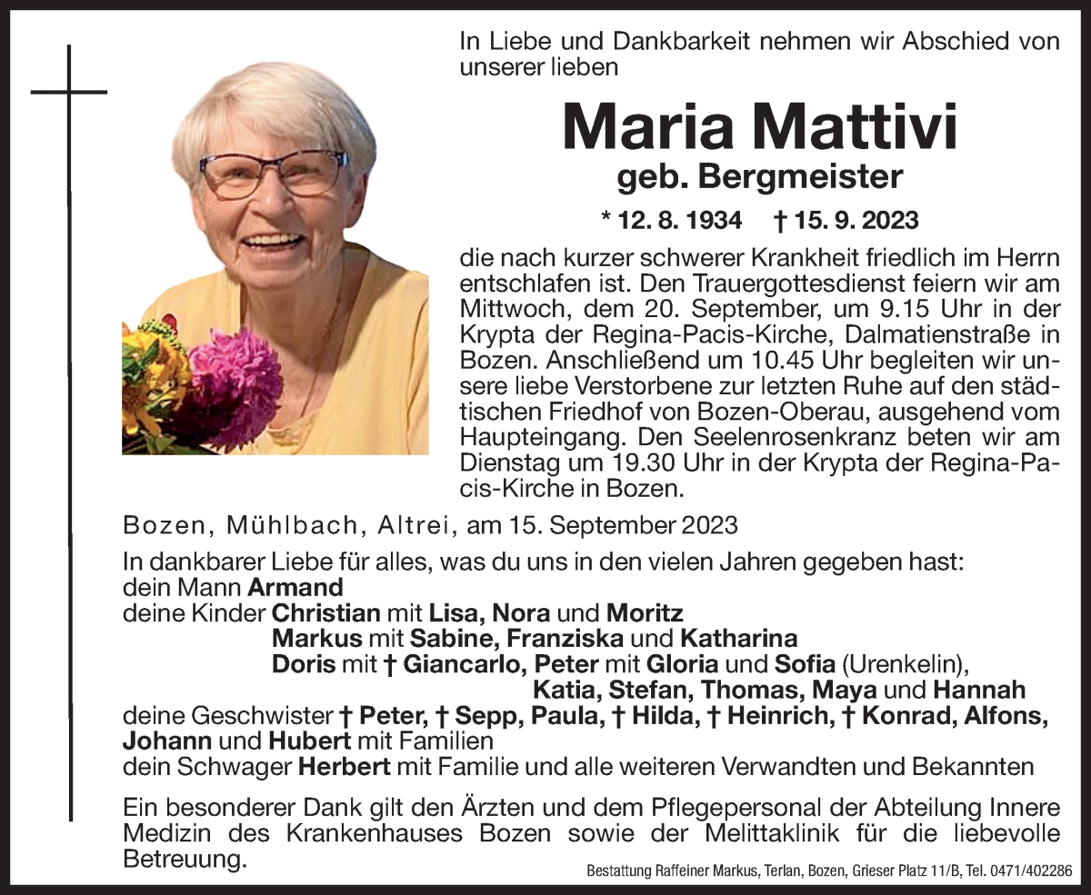  Traueranzeige für Maria Mattivi vom 18.09.2023 aus Dolomiten
