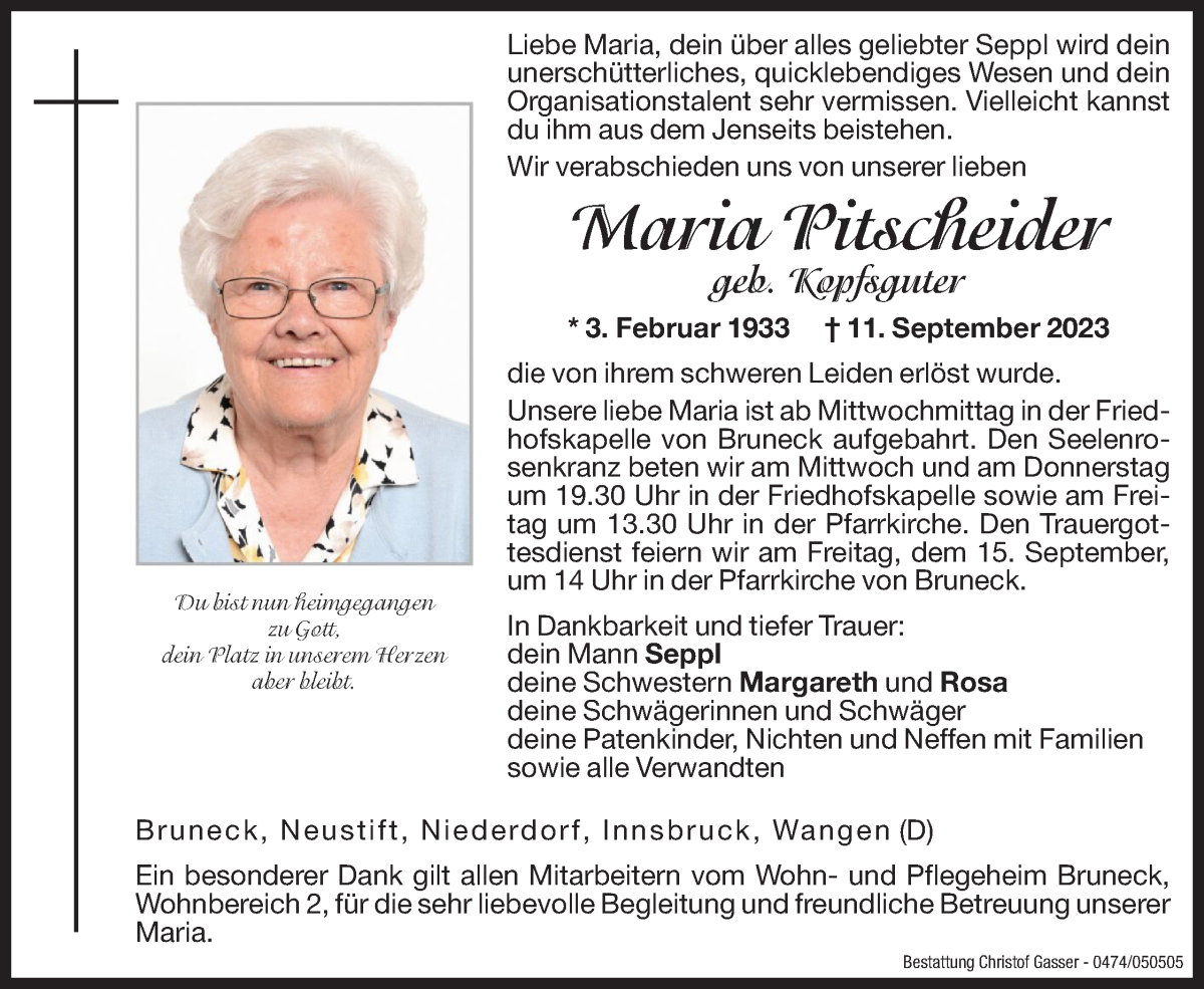  Traueranzeige für Maria Pitscheider vom 13.09.2023 aus Dolomiten
