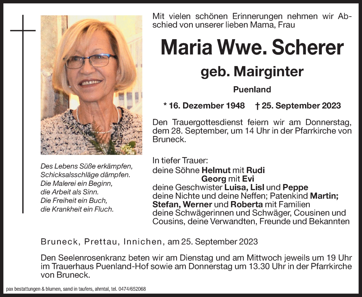  Traueranzeige für Maria Scherer vom 26.09.2023 aus Dolomiten