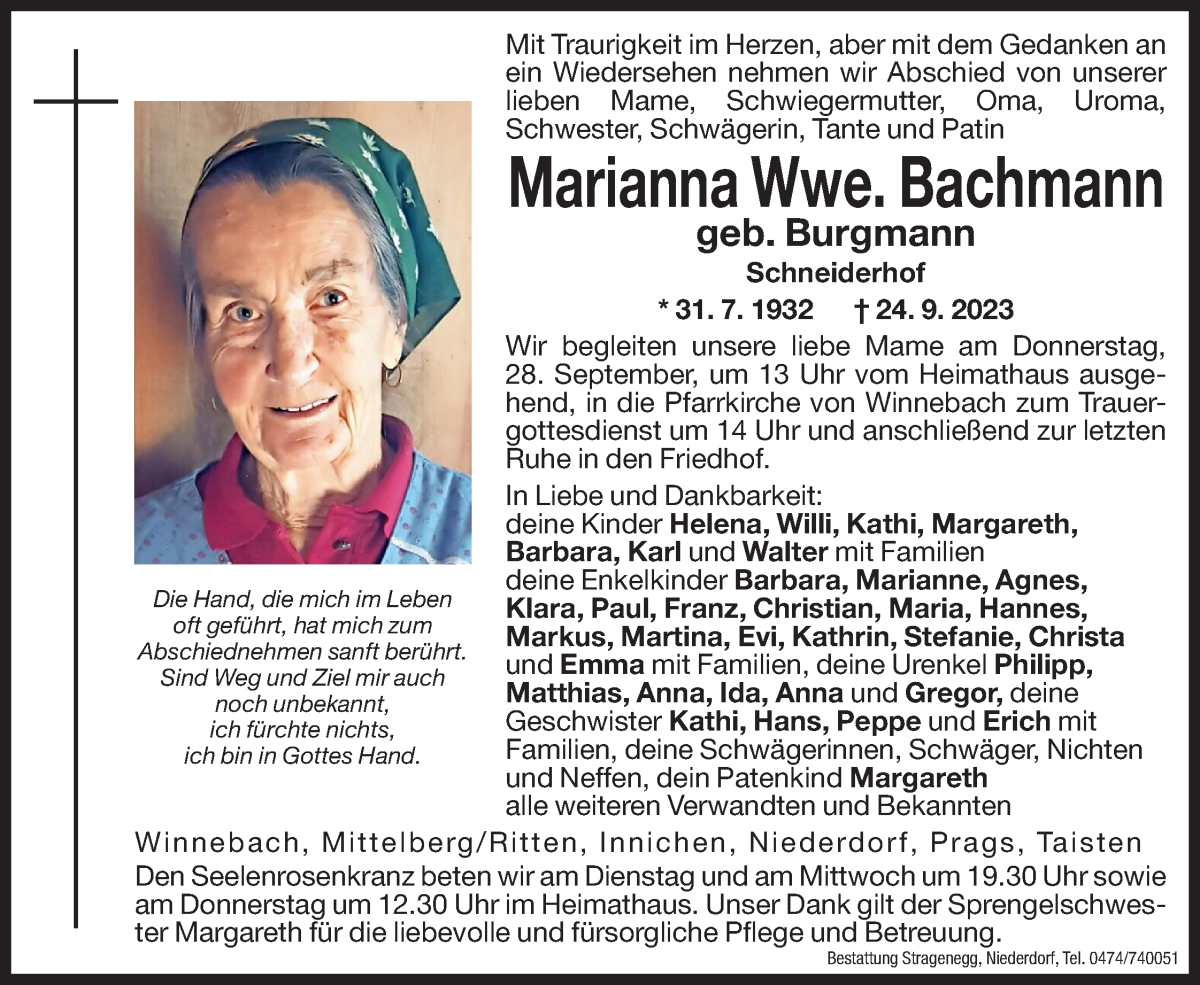  Traueranzeige für Marianna Bachmann vom 26.09.2023 aus Dolomiten