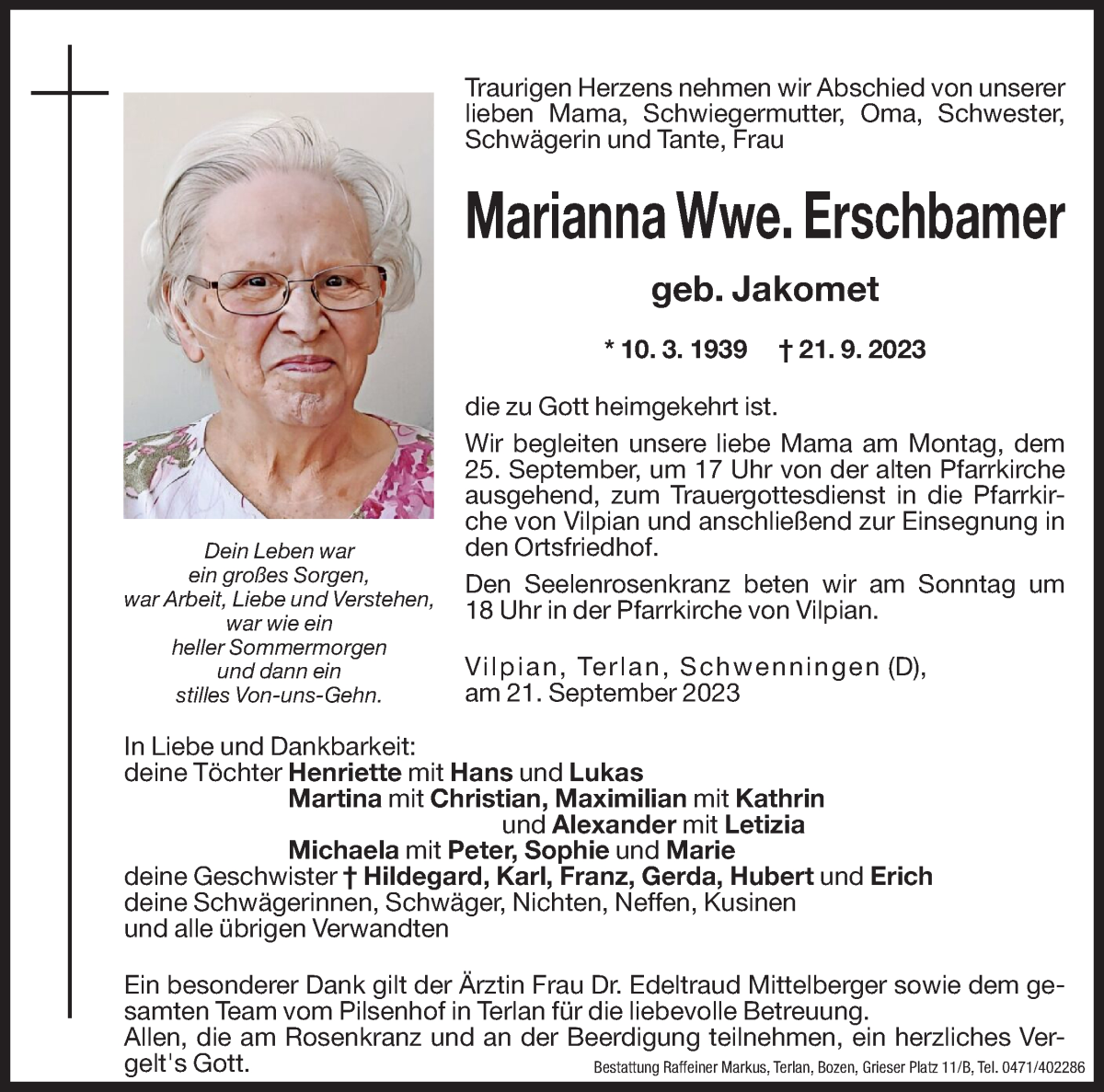  Traueranzeige für Marianna Erschbamer vom 23.09.2023 aus Dolomiten