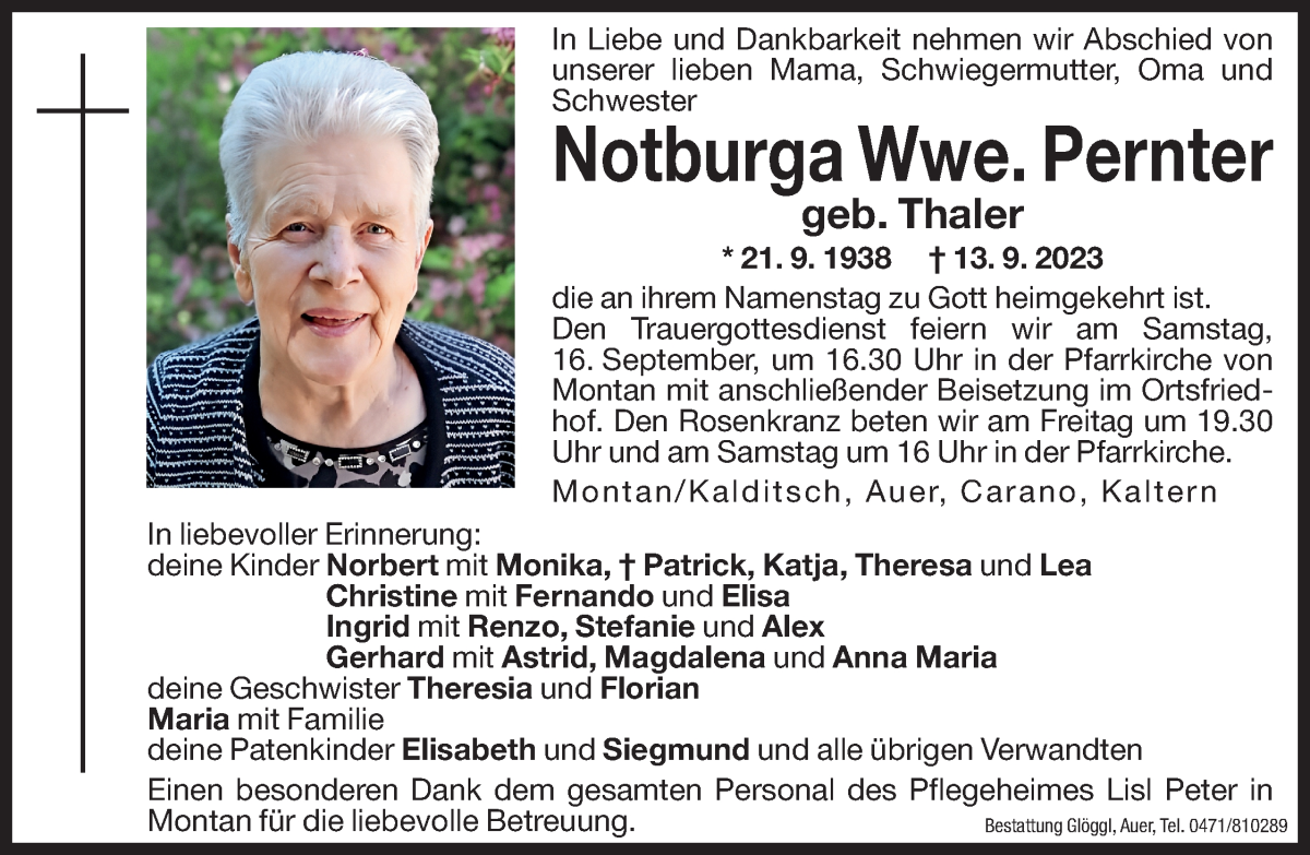  Traueranzeige für Notburga Pernter vom 15.09.2023 aus Dolomiten