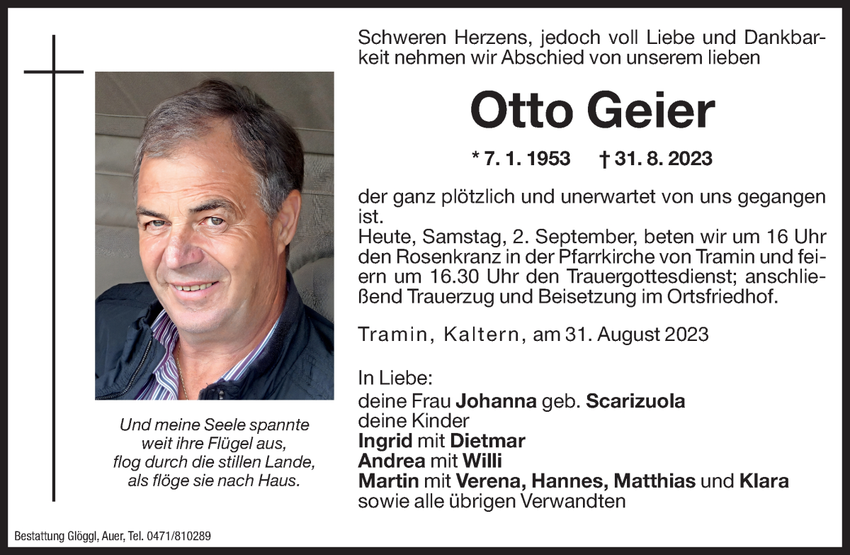  Traueranzeige für Otto Geier vom 02.09.2023 aus Dolomiten