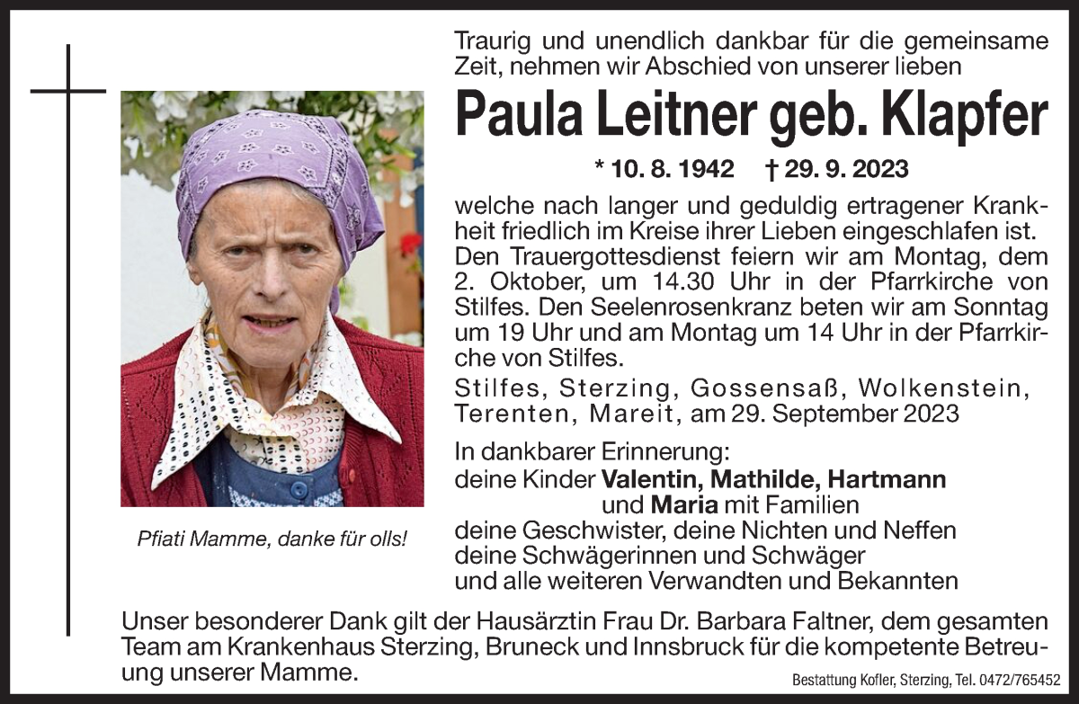  Traueranzeige für Paula Leitner vom 30.09.2023 aus Dolomiten