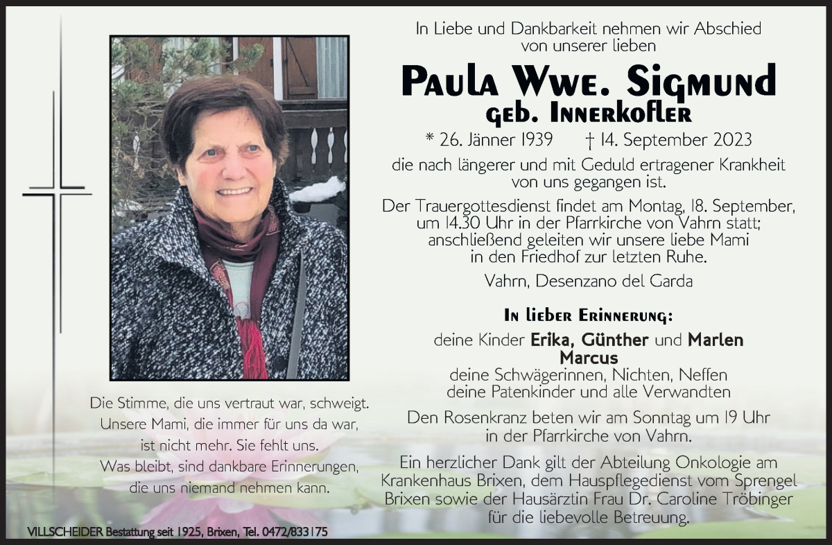  Traueranzeige für Paula Sigmund vom 16.09.2023 aus Dolomiten