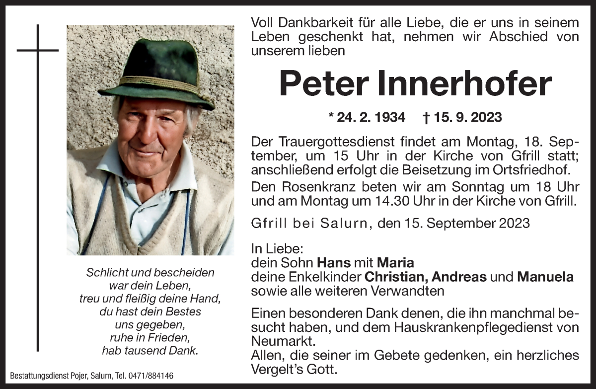  Traueranzeige für Peter Innerhofer vom 16.09.2023 aus Dolomiten