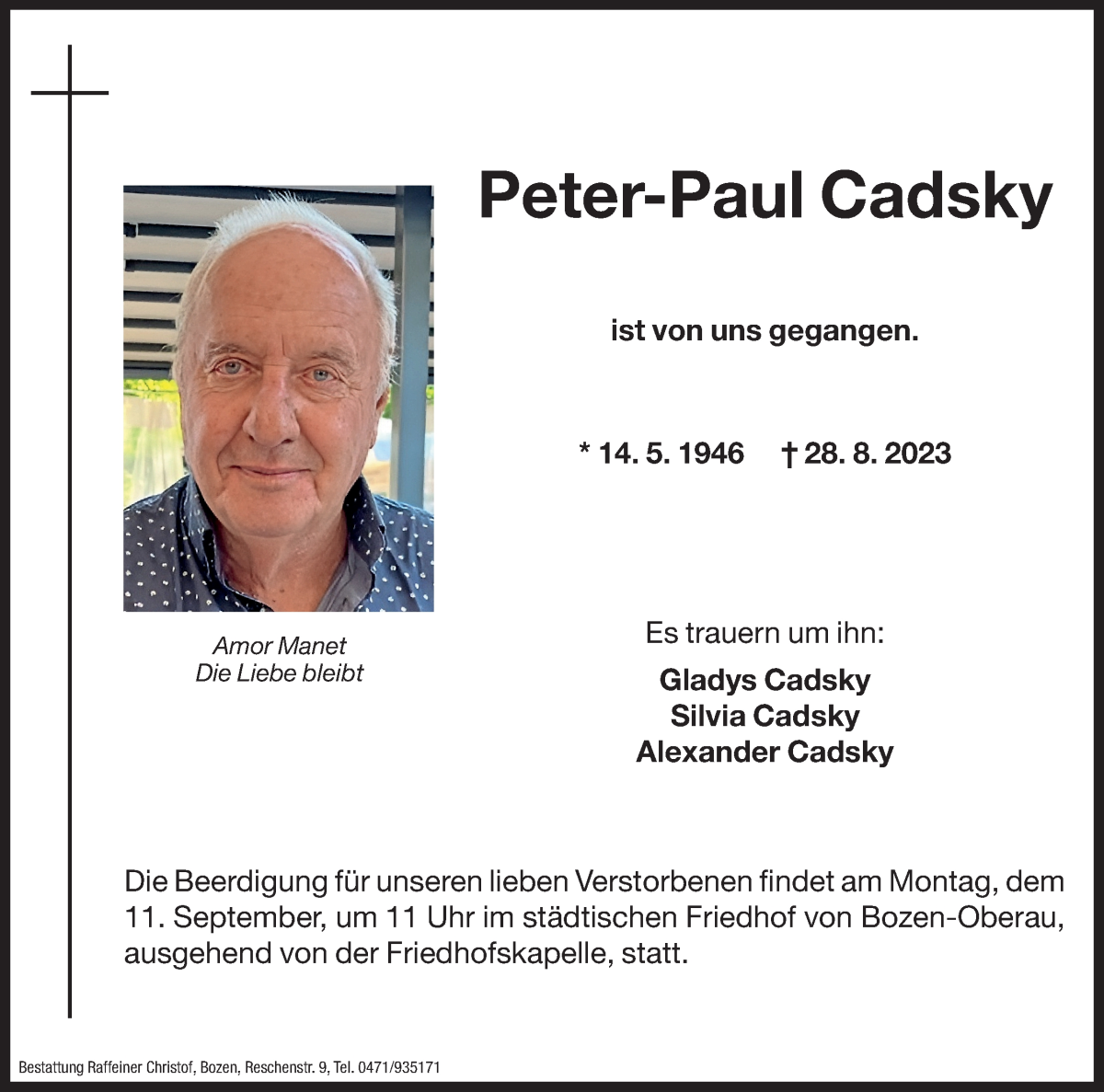  Traueranzeige für Peter-Paul Cadsky vom 08.09.2023 aus Dolomiten
