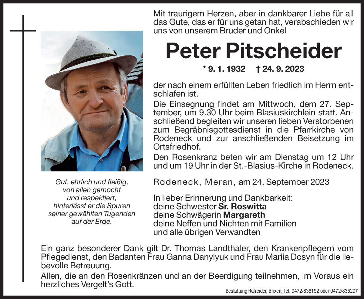  Traueranzeige für Peter Pitscheider vom 26.09.2023 aus Dolomiten