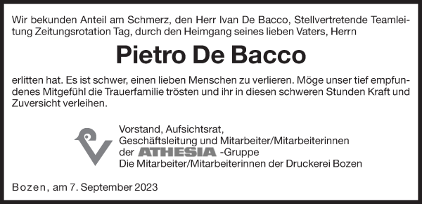 Traueranzeige von Pietro De Bacco von Dolomiten