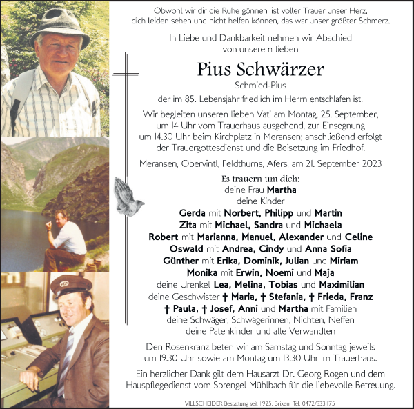 Traueranzeige von Pius Schwärzer von Dolomiten